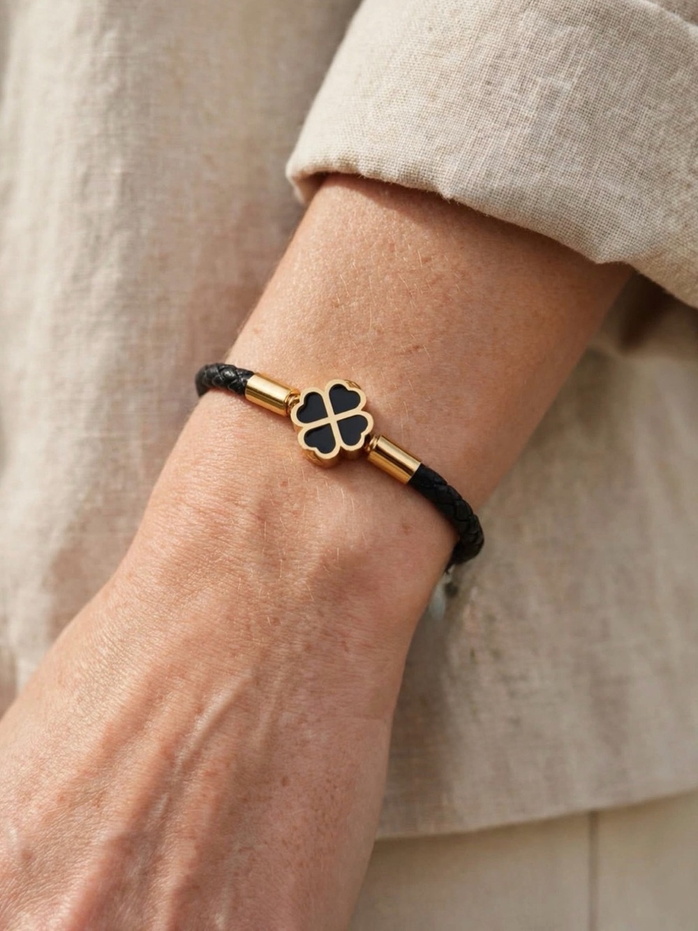 Black Braided Leather Bracelet - LuckyCharm Four Leaf Clover Bracelet - Unisex